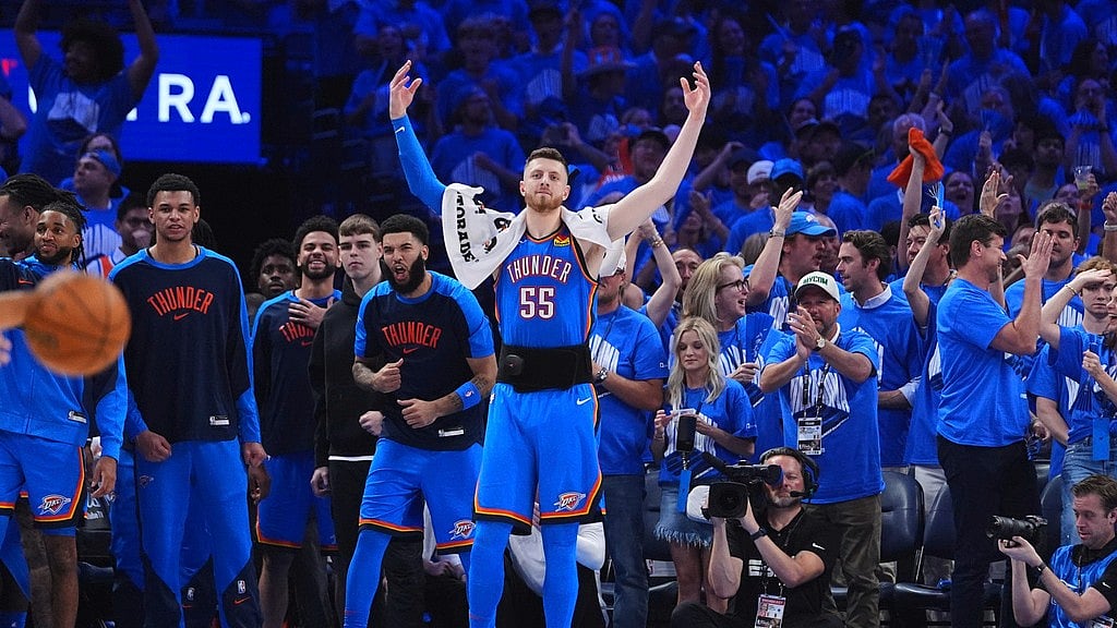 Oklahoma City Thunder center Isaiah Hartenstein (55) reacts after guard Luguentz Dort made a 3-pointer during the second half of Game 7 of the NBA Finals basketball series against the Indiana Pacers Sunday, June 22, 2025, in Oklahoma City. - AP/Julio Cortez