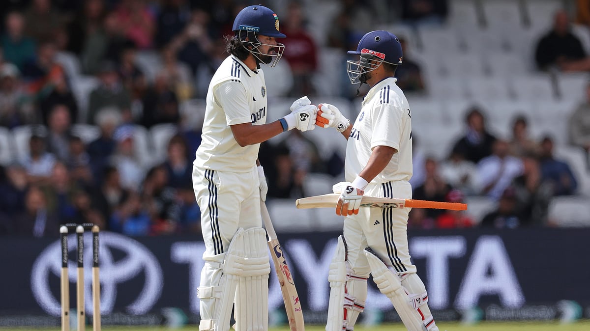 | Photo: AP/Scott Heppell : IND Vs ENG, 1st Test Day 4: KL Rahul celebrates with batting partner Rishabh Pant after scoring fifty runs on day four of the first cricket test match between England and India at Headingley in Leeds, England, Monday, June 23, 2025.