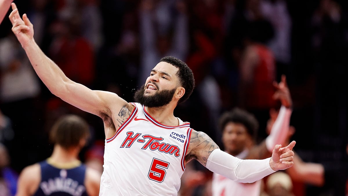 Houston Rockets guard Fred VanVleet celebrates vs. the New Orleans Pelicans on Nov. 10, 2023. - null