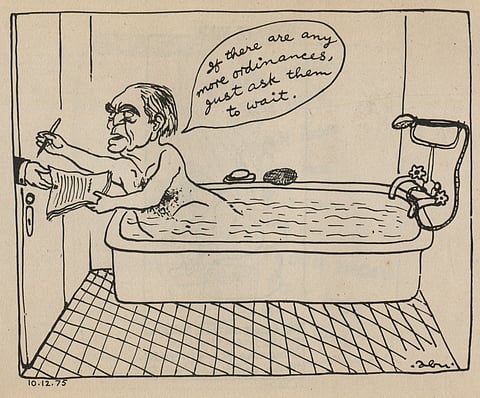 Abu Abraham's cartoon of then President Fakhruddin Ali Ahmed signing the Emergency order