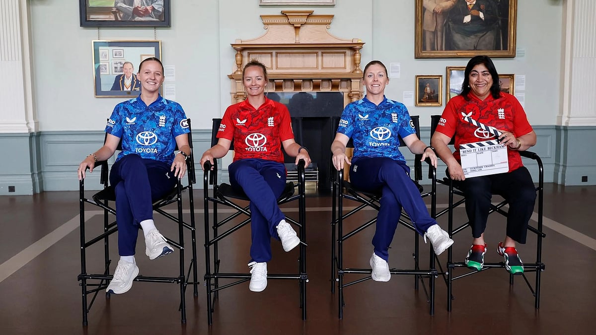 England and Wales Cricket Board : Director Gurinder Chadha with English cricketers (from left) Lauren Filer, Danni Wyatt-Hodge and Heather Knight in the Lord's Long Room.