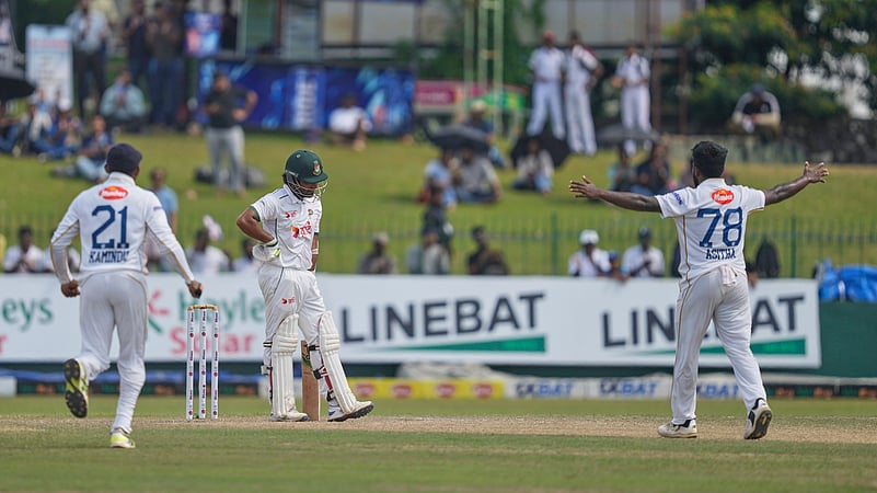Bangladeshs Anamul Haque reacts after being dismissed as Sri Lanka. AP