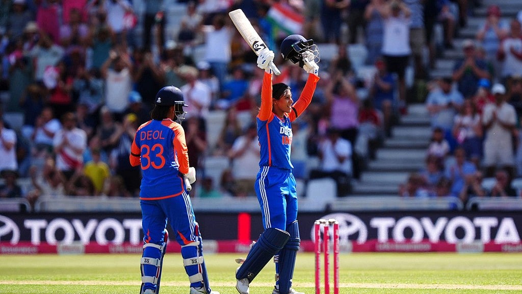 AP : India vs England, 1st women's T20I: Smriti Mandhana celebrates her hundred at Trent Bridge, Nottingham. 