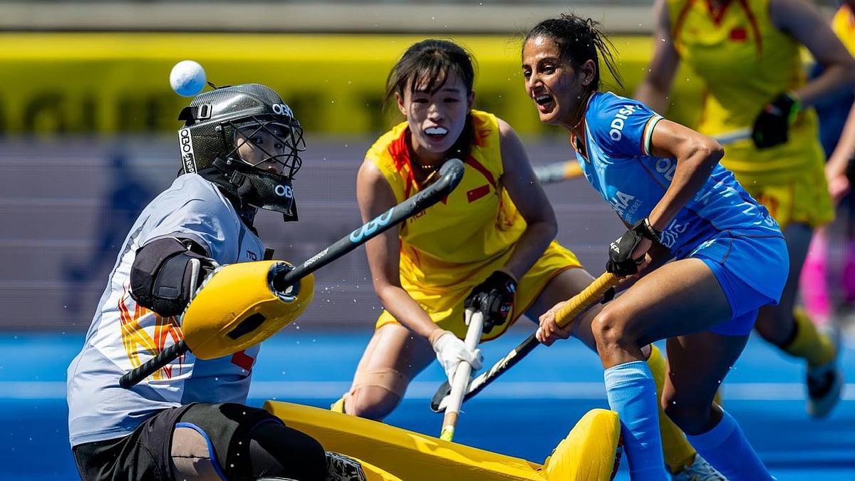 Hockey India : India vs China, FIH Women's Pro League 2024–25: Indian player attempts to score a goal against China.