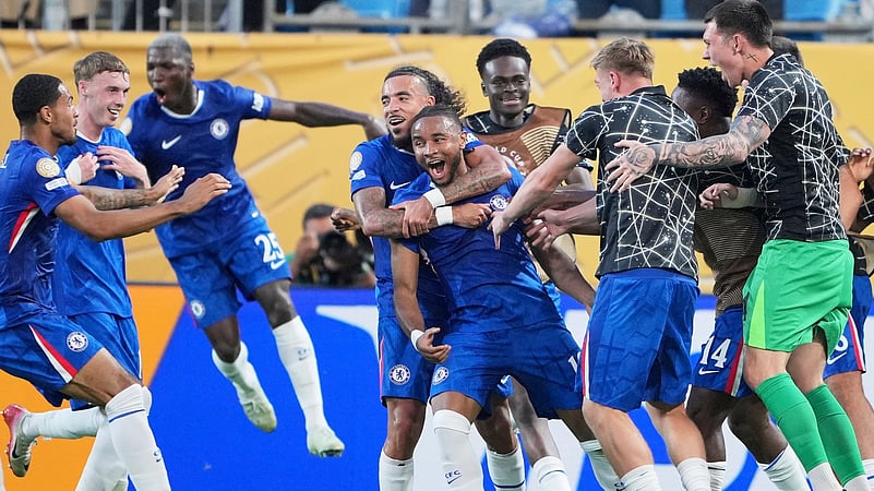 Chelseas Christopher Nkunku is congratulated after scoring a goal. AP