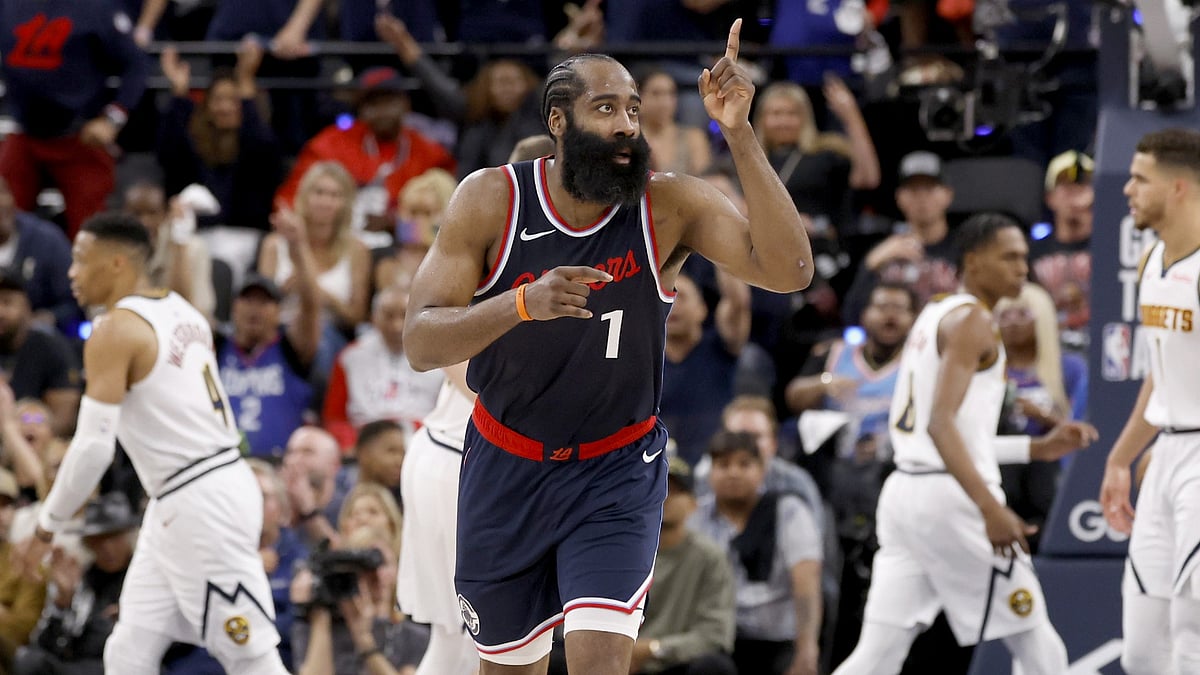 LA Clippers guard James Harden (1) reacts after his three pointer in the fourth quarter. The Los Angeles Clippers and the Denver Nuggets in game six of the first round of the NBA playoffs at Intuit Dome in Inglewood, CA. - null