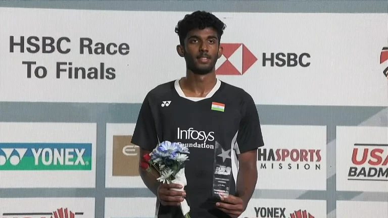 Ayush Shetty on the winner's podium at the US Open Super 300. - X