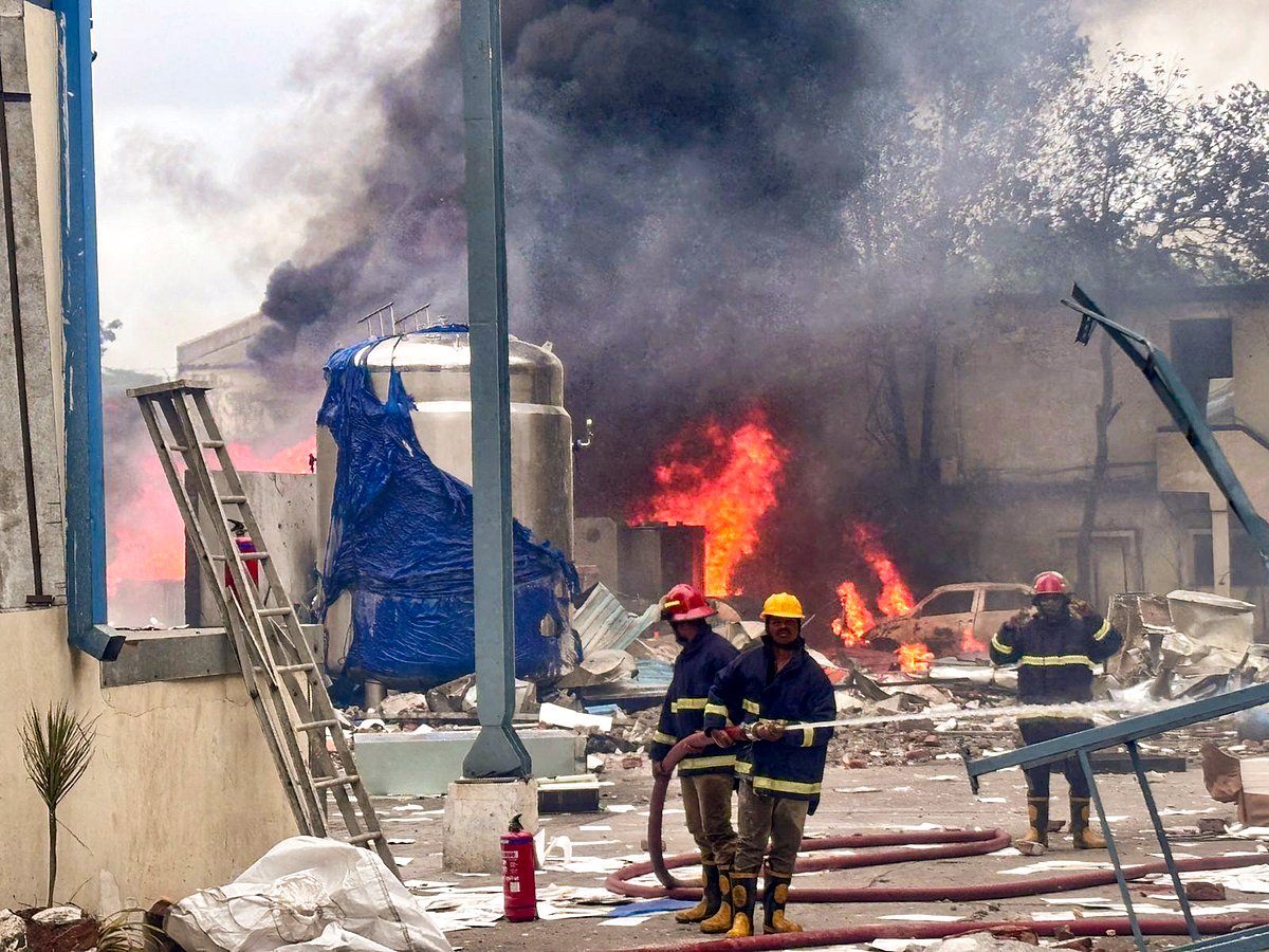 PTI Photo
 : Firefighters try to extinguish a fire that broke out in a chemical factory, at Pashamylaram, in Medak district, Telangana, Monday, June 30, 2025.

