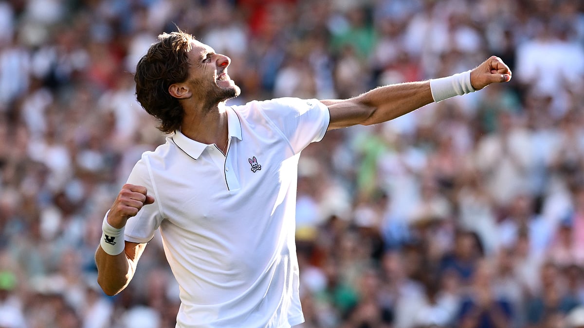 Wimbledon 2025: Arthur Rinderknech celebrates his win over Alexander Zverev.