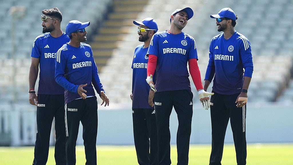 India vs England, 2nd Test: Captain Shubman Gill, second right and teammates react during a nets session at Edgbaston. - Jacob King/PA via AP