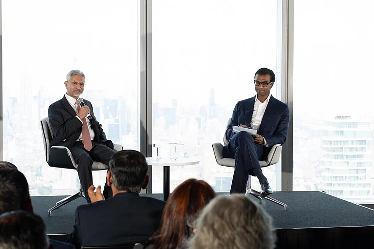 S Jaishankar during a conversation with Newsweek CEO Dev Pragad at One World Trade Center - X/@DrSJaishankar