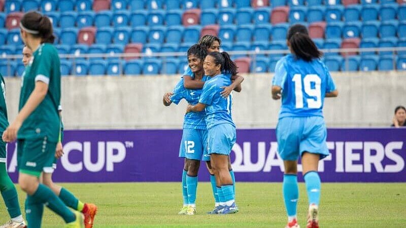 AIFF Media : The Indian women's football team celebrates a goal against Iraq in the AFC Women's Asian Cup 2026 Qualifiers.