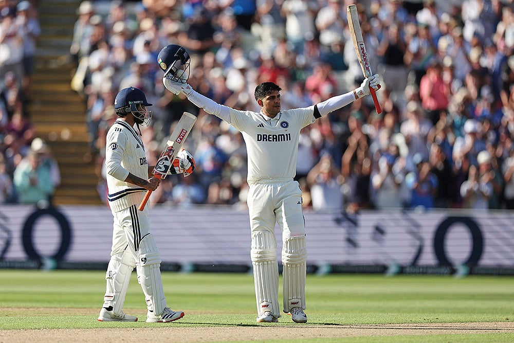 | Photo: AP/Scott Heppell : IND vs END, 2nd Test Day 2 at Edgbaston, Birmingham - India tour of England: India's captain Shubman Gill celebrates after scoring a century on day one