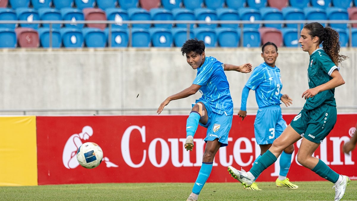 Indian womens football team during a match. 