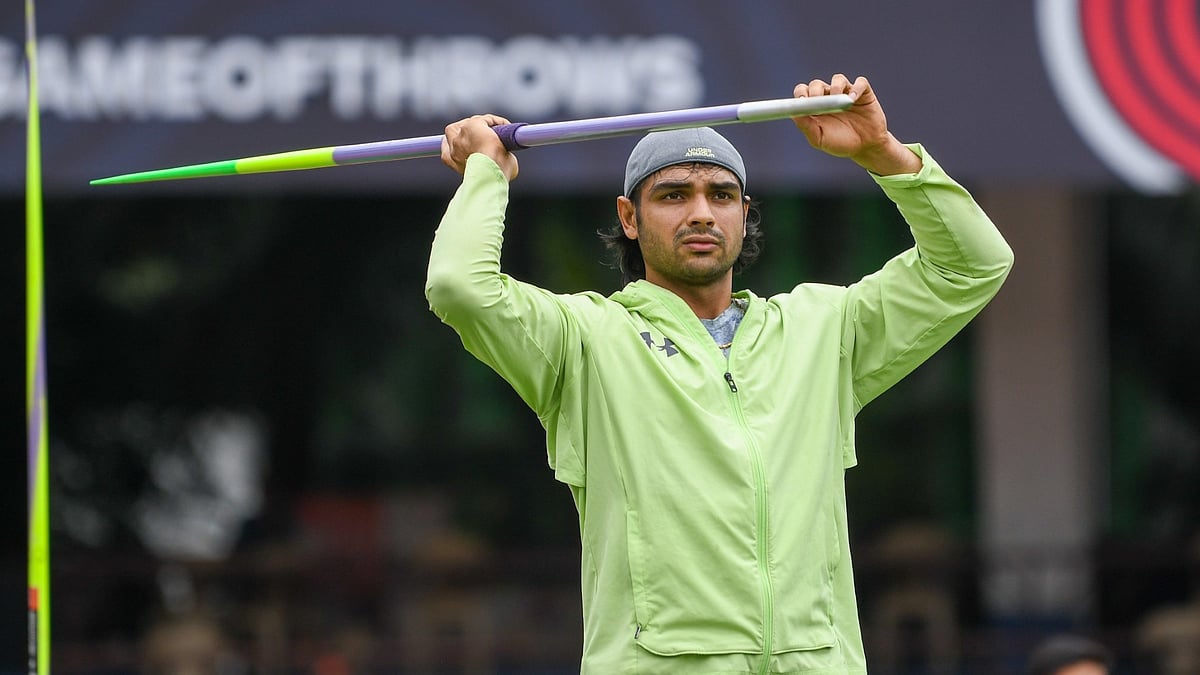 Special Arrangement : Neeraj Chopra in action during a training session in Bengaluru ahead of Neeraj Chopra Classic 2025.