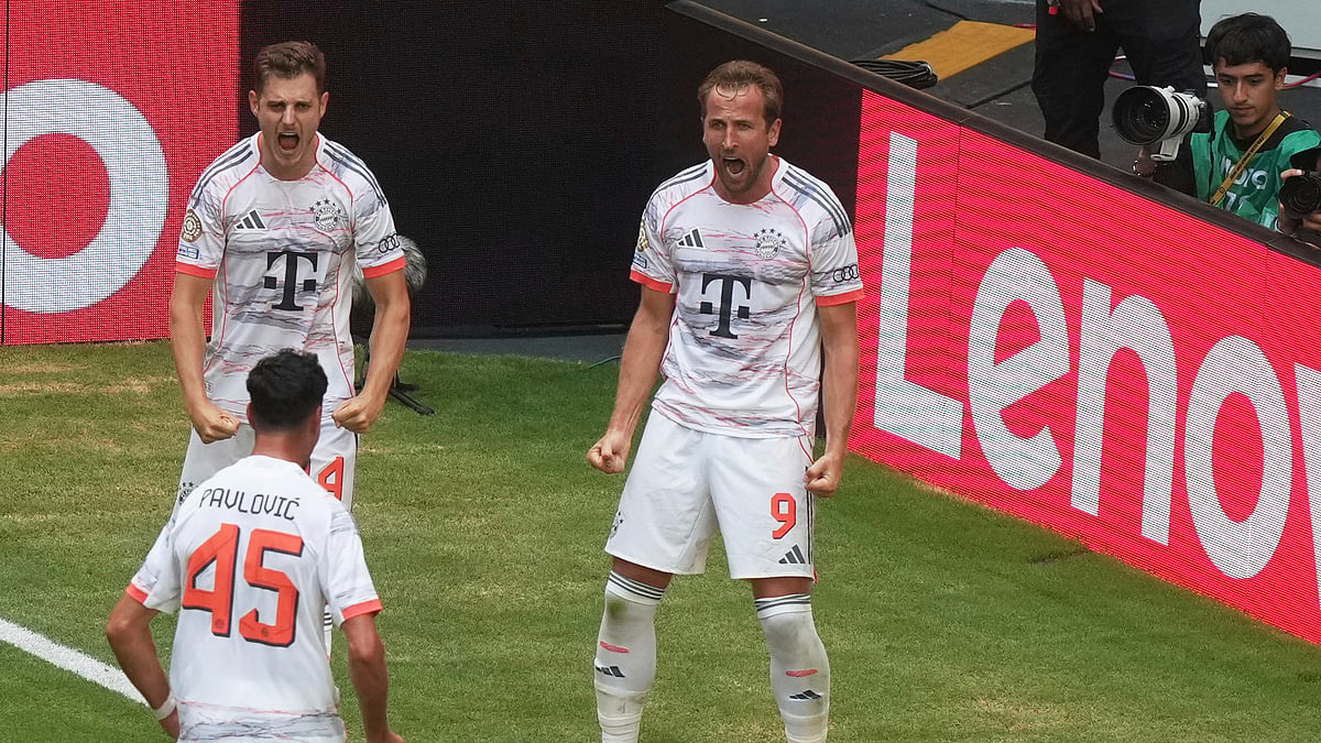 Bayern Munichs Harry Kane celebrates scoring his sides 4th goal. AP