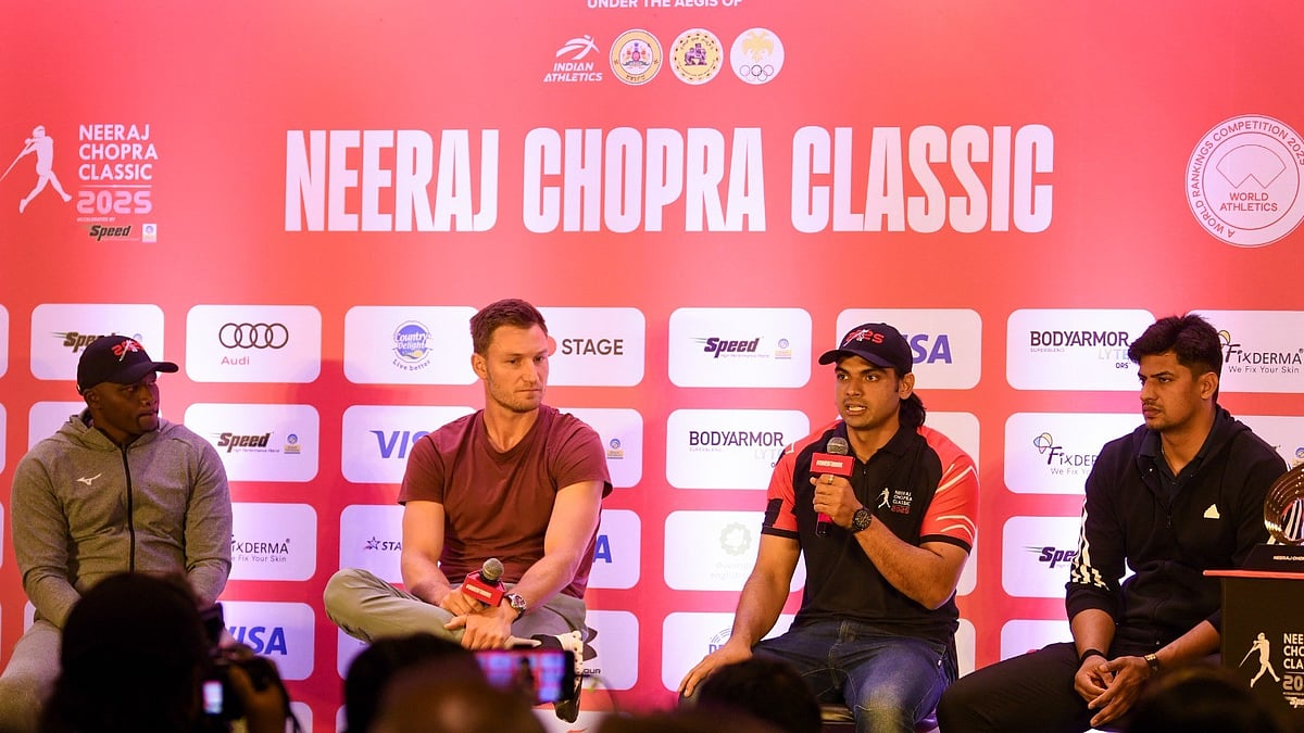 Neeraj Chopra Classic 2025: (From left to right) Julius Yego, Thomas Rohler, Neeraj Chopra and Sachin Yadav during a press conference ahead of Neeraj Chopra Classic in Bengaluru on July 4, 2025. - Photo: Neeraj Chopra Classic