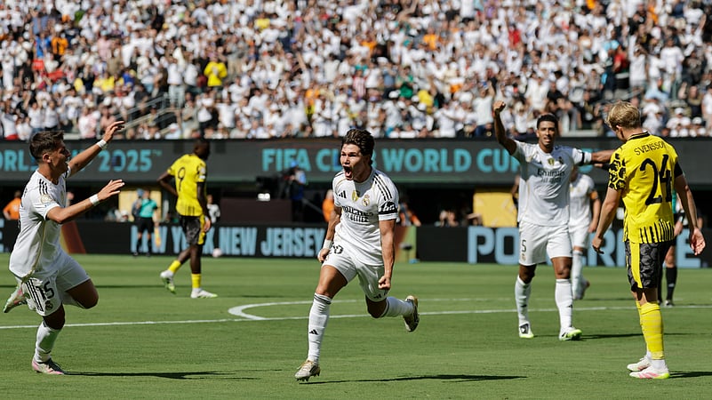 Real Madrids Fran Garcia, centre, celebrates after scoring his side. AP