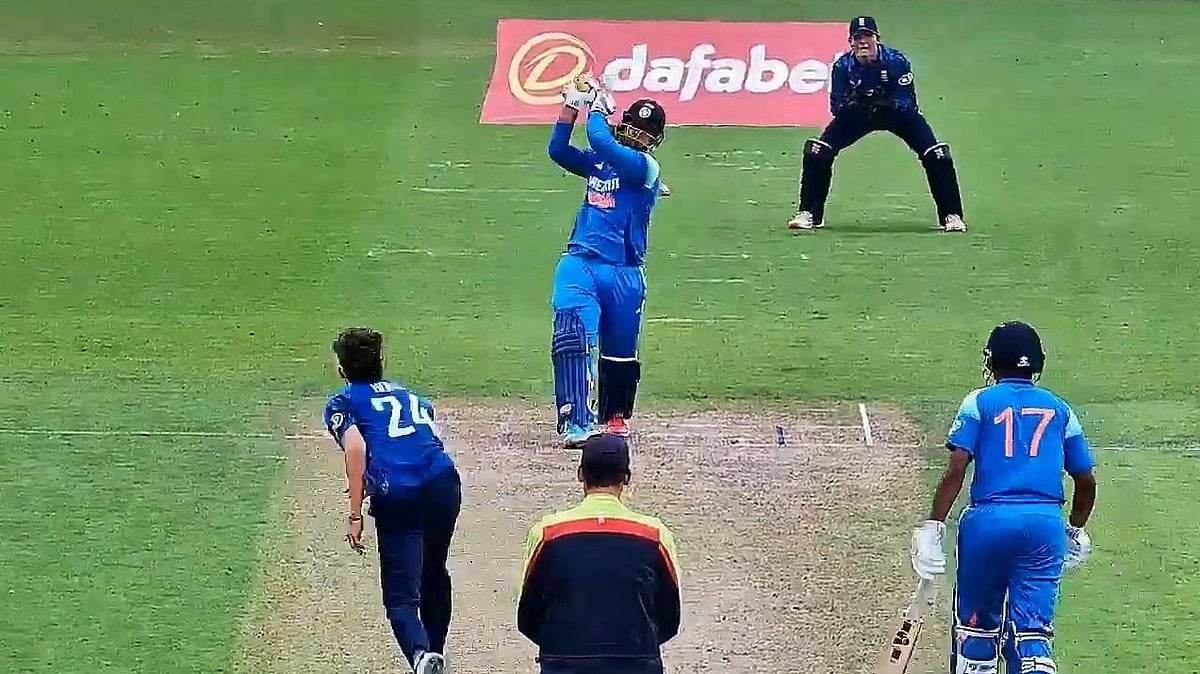 X/Varungiri0 : IND U-19 vs ENG U-19 Live Score: India's Vaibhav Suryavanshi in action.