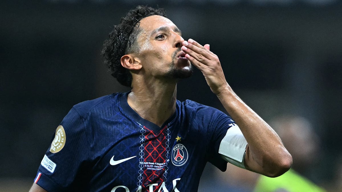 Marquinhos blows kisses to PSG's fans after a win over Bayern Munich.