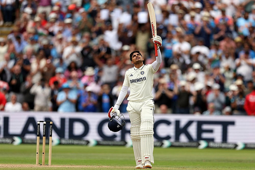 Indias captain Shubman Gill celebrates after scoring a century