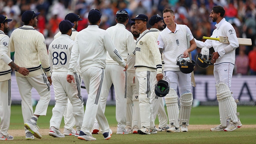 AP : IND Vs ENG, 2nd Test: England's Shoaib Bashir, right, and Brydon Carse shake hands with Indian players after the second Test in Birmingham.