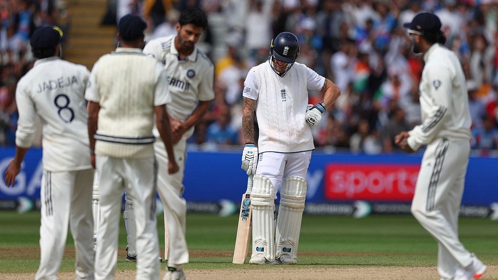 AP : India vs England, 2nd Test Day 5 Lunch Report: England captain Ben Stokes, second right, reacts after losing his wicket in Birmingham.