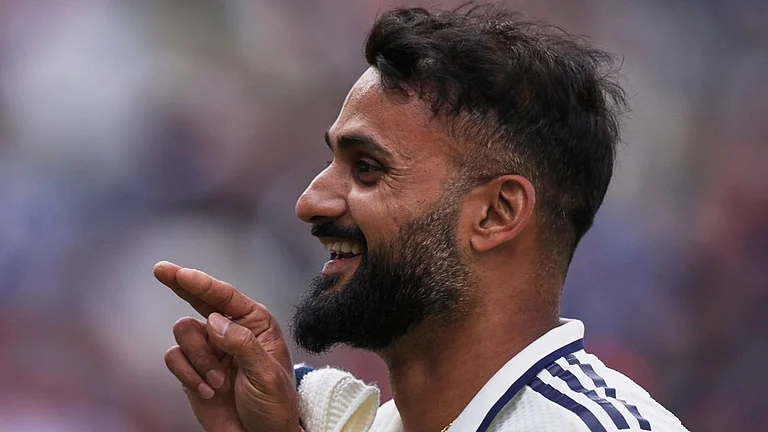 Akash Deep celebrates after his five-wicket haul on day five of the second Test match between England and India at Edgbaston in Birmingham. - AP