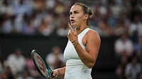 | Photo: AP/Kin Cheung : Aryna Sabalenka Vs Elise Mertens, Wimbledon 2025: Aryna Sabalenka of Belarus gestures as she plays against Emma Raducanu of Britain during a third round women's singles match at the Wimbledon Tennis Championships in London, Friday, July 4, 2025.