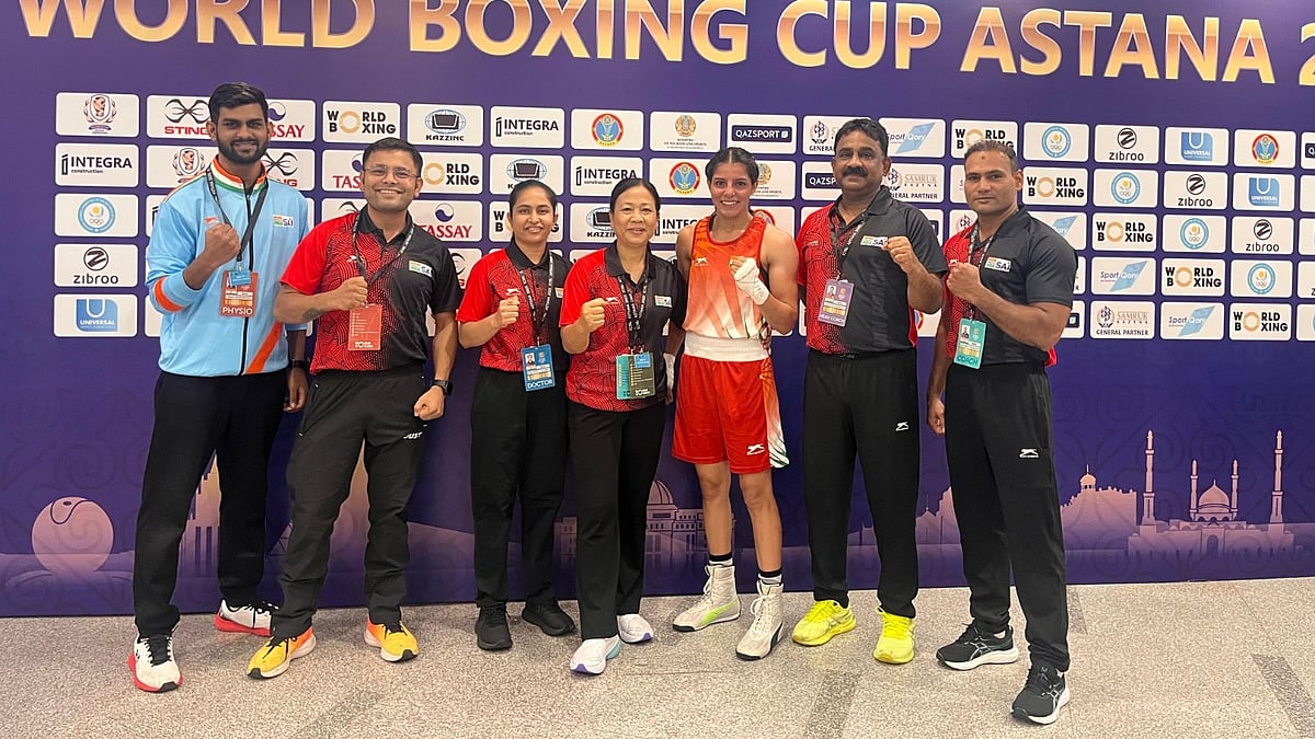 Special Arrangement : Sakshi Chaudhary (third from right) celebrates after striking gold at the World Boxing Cup in Astana.