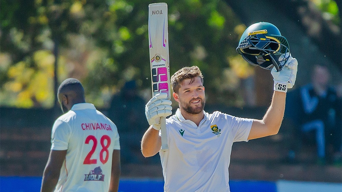X/zimcricketv : South Africa vs Zimbabwe 2nd Test: Wiaan Mulder celebrates