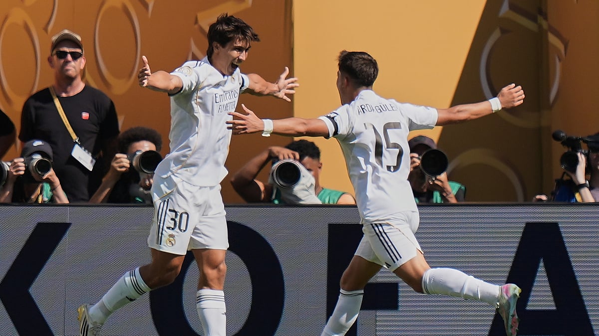 Real Madrids Gonzalo Garcia, left, and Arda Guler celebrate after Garcia. AP