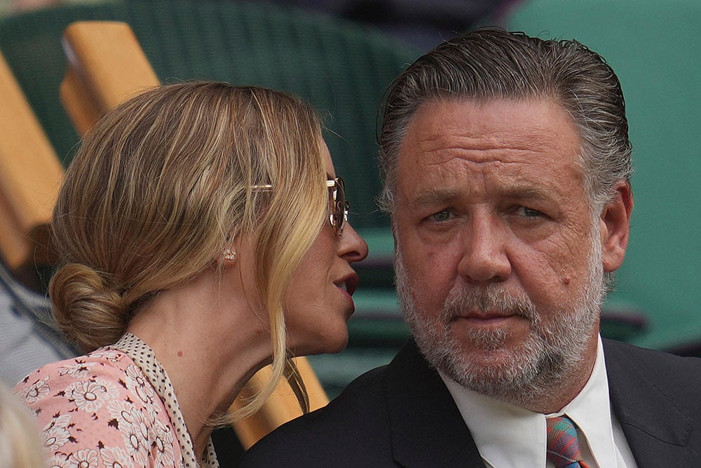 Celebrities attend 2025 Wimbledon Tennis in London_Actor Russell Crowe and Britney Theriot