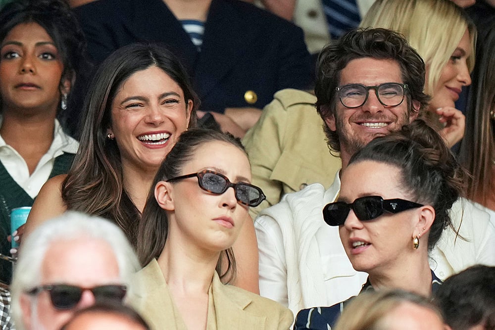 Celebrities attend 2025 Wimbledon Tennis in London_Actors Andrew Garfield and Monica Barbaro