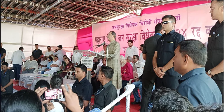 Uddhav Thackeray speaking at the 30th June protest at Mumbai’s Azad Maidan - X