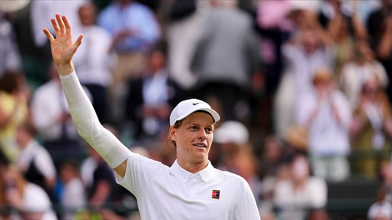 Jannik Sinner of Italy celebrates winning the mens singles quarter final. AP