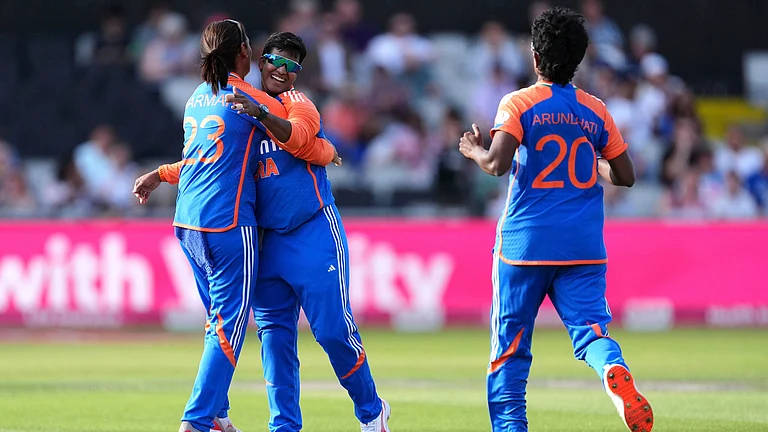 India Women Vs England Women, 4th T20I: India's Deepti Sharma celebrates the wicket of England's Sophia Dunkley during the fourth women's IT20 at Old Trafford Cricket Ground, Manchester, England, Wednesday July 9, 2025. - | Photo: AP/Martin Rickett