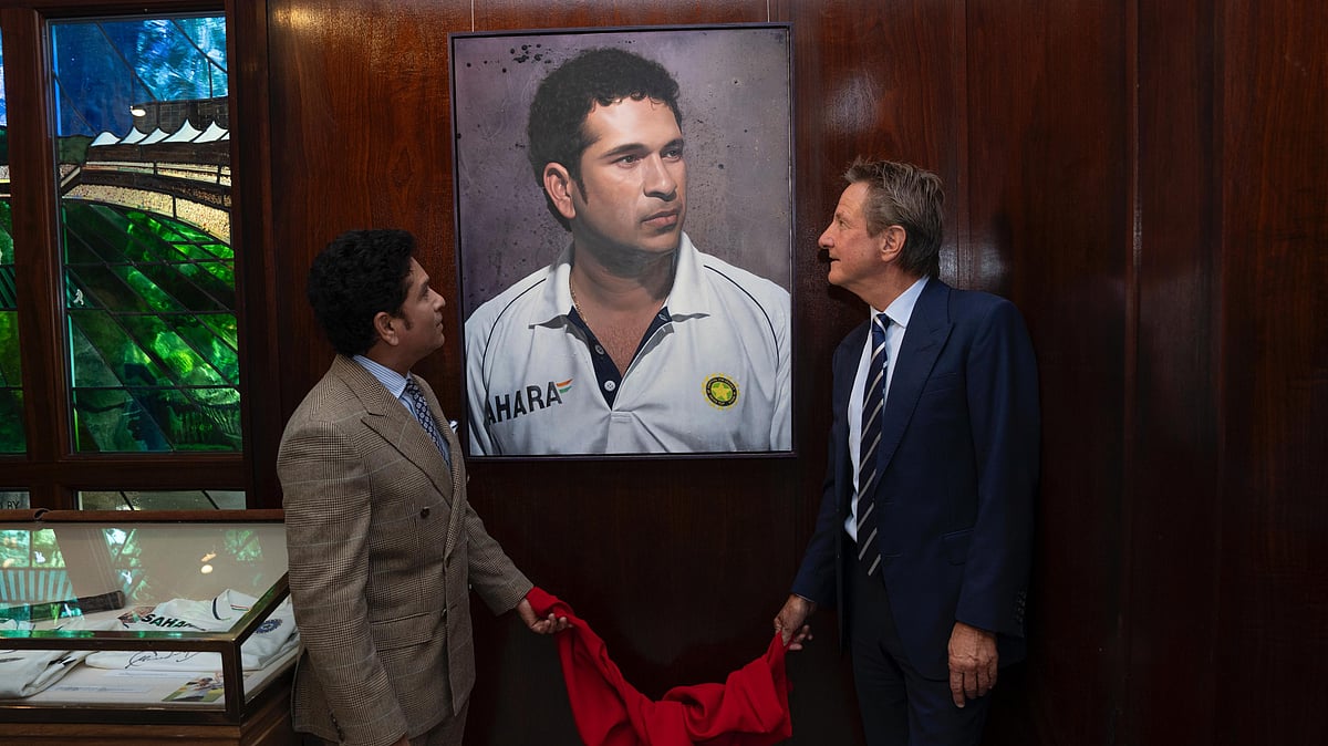 Sachin Tendulkar with his portrait at MCC museum, Lord's - File