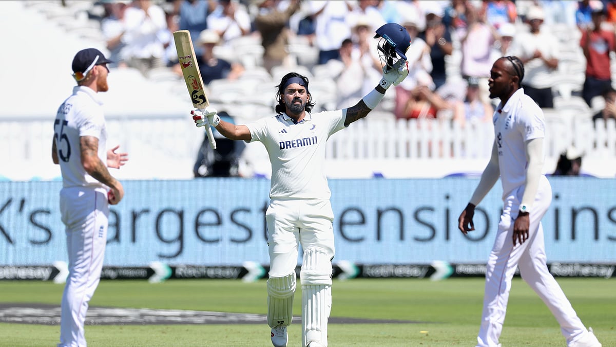 Indias KL Rahul celebrates after scoring a century during the third test. AP