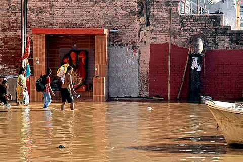 Swollen Ganga river in Varanasi