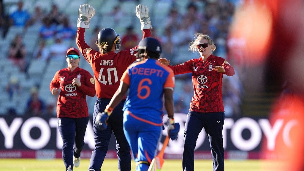 Photo: AP : IND-W Vs ENG-W LIVE Score, 5th T20I: Charlie Dean, right, celebrates the wicket of Deepti Sharma via lbw at Edgbaston, Birmingham.