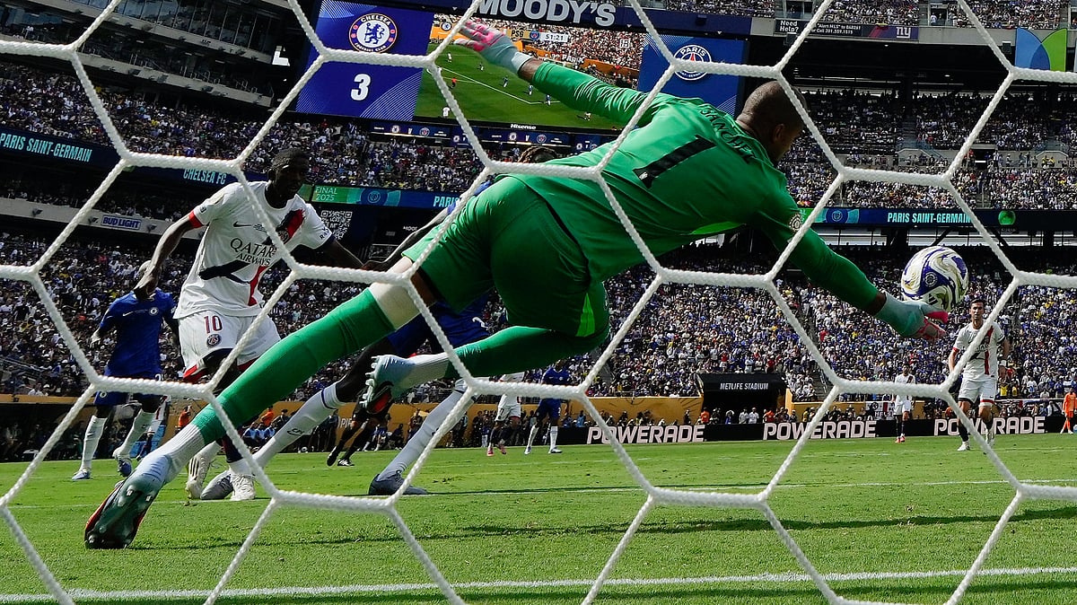 Chelsea's goalkeeper Robert Sanchez makes a save against Paris Saint-Germain during the second half of the Club World Cup final soccer match in East Rutherford, N.J., Sunday, July 13, 2025.
