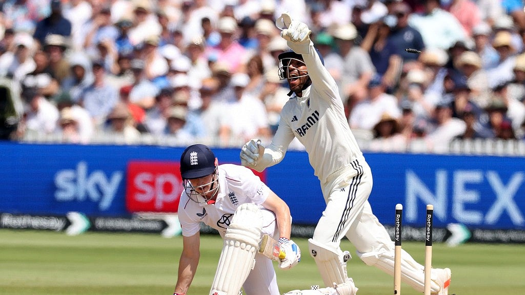 AP/Richard Pelham : India's substitute wicketkeeper Dhruv Jurel, celebrates the dismissal of England's Harry Brook