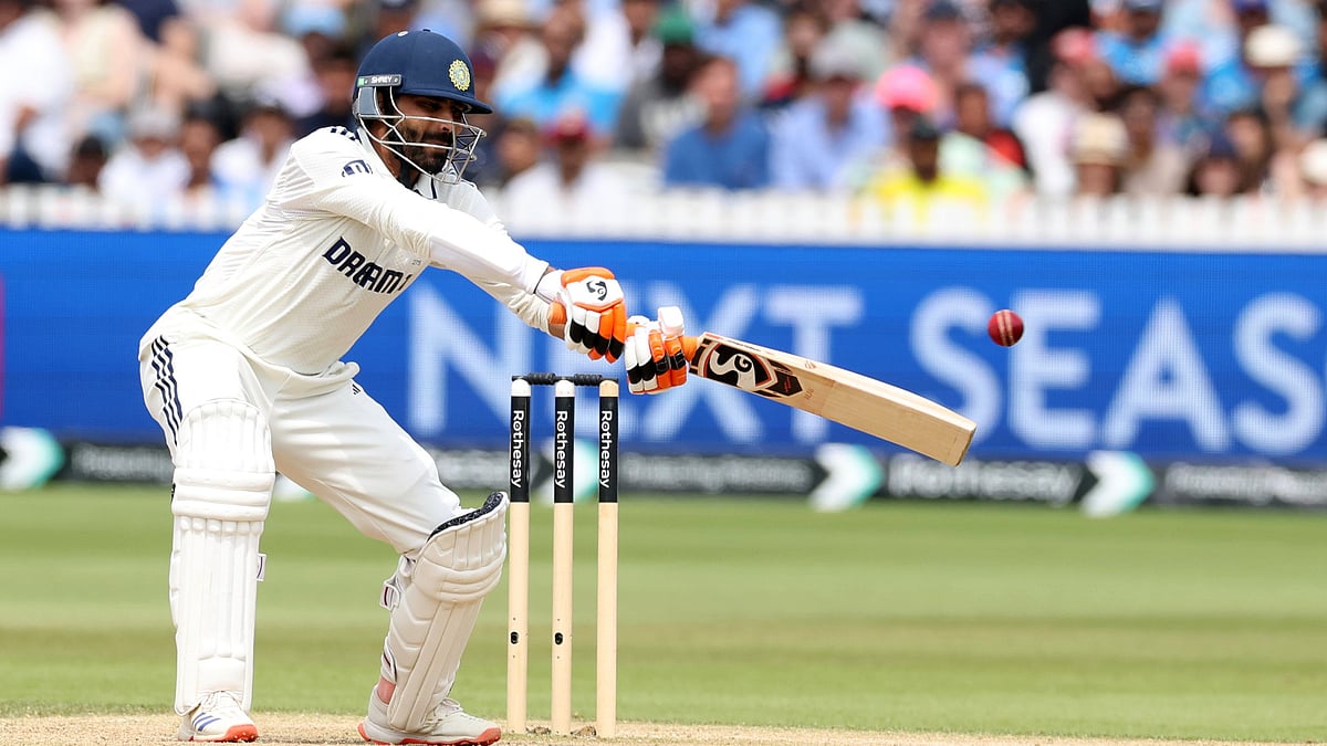 India vs England 3rd Test: India's Ravindra Jadeja plays a shot during the fifth day of the third cricket test match between England and India at Lord's cricket ground in London, Monday, July 14, 2025. - | Photo: AP/Richard Pelham