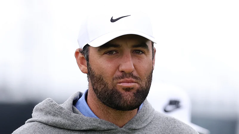 Scottie Scheffler looks on during a practice round in Northern Ireland