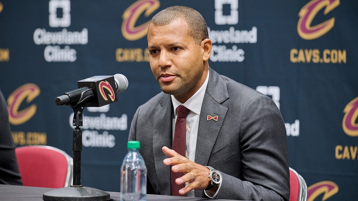 General manager Koby Altman of the Cleveland Cavaliers is interviewed during media day at Rocket Mortgage Fieldhouse on October 02, 2023 in Cleveland, Ohio. - null