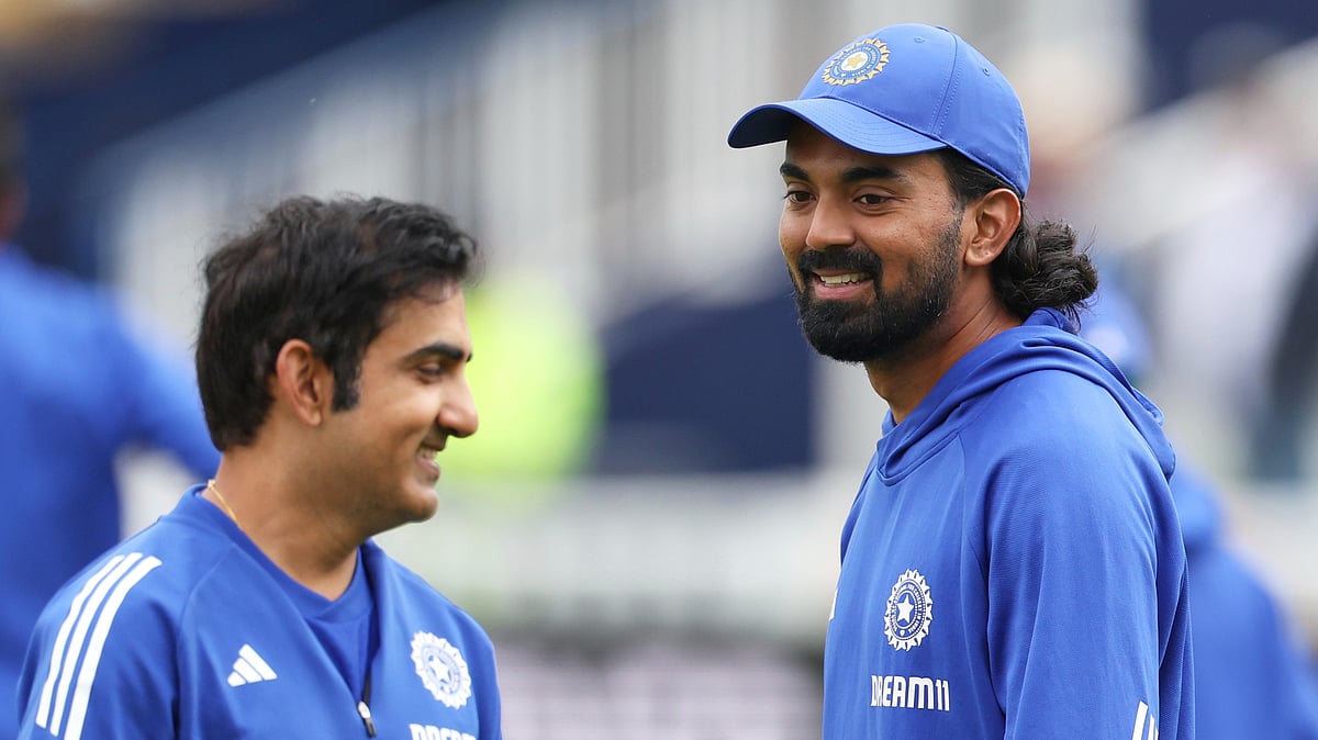 AP Photo/Scott Heppell : India's KL Rahul, right, warms up as he shares a light moment with head coach Gautam Gambhir before the start of play on day five of the second cricket test match between England and India at Edgbaston in Birmingham.