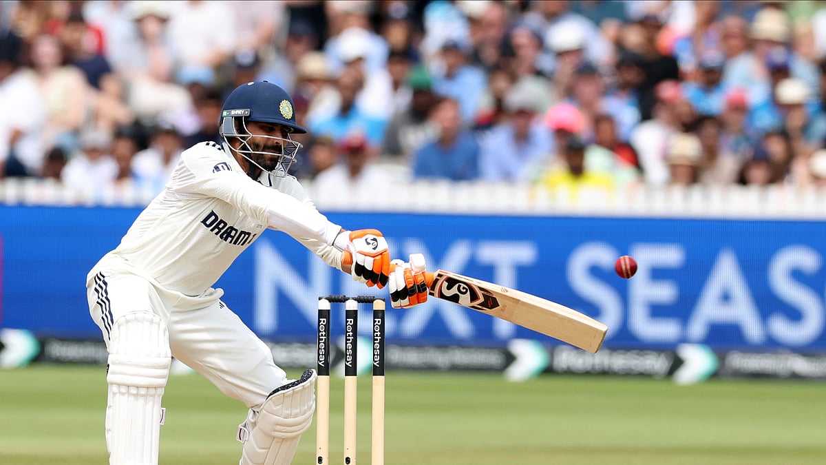 AP Photo/Richard Pelham : India's Ravindra Jadeja plays a shot during the fifth day of the third cricket test match between England and India at Lord's cricket ground in London.