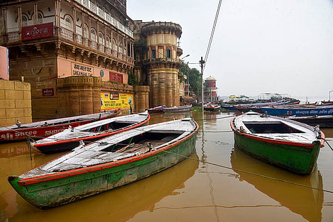 Swollen Ganga river in Varanasi
