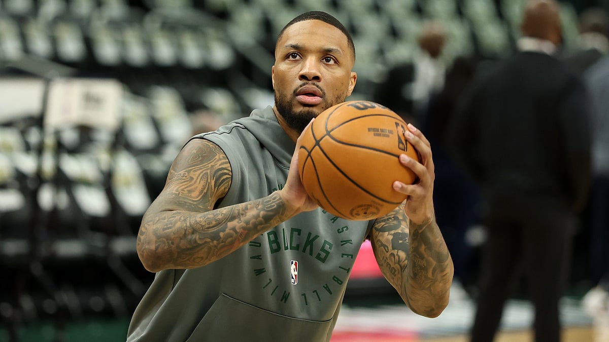 Damian Lillard #0 of the Milwaukee Bucks warms up before Game Four of the Eastern Conference First Round NBA Playoffs against the Indiana Pacers at Fiserv Forum on April 27, 2025 in Milwaukee, Wisconsin.